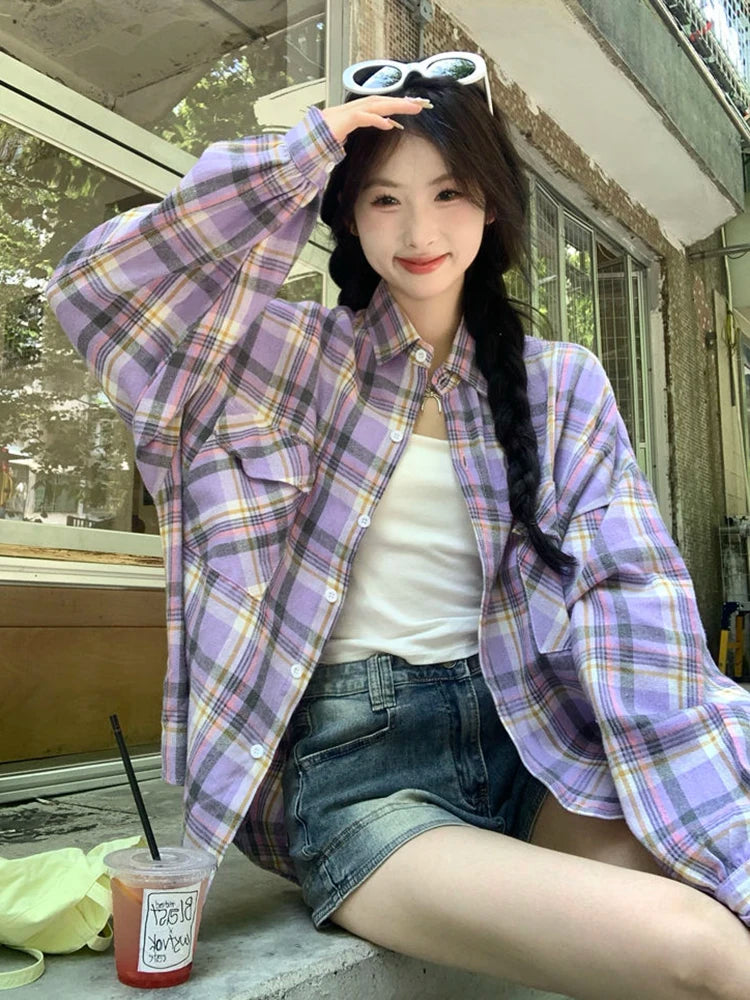 Retro Purple Plaid Oversize Blouse – Loose Street Style