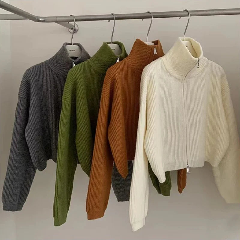 Stand Collar Knit Coat – Double Zipper Long Sleeve Casual Jacket