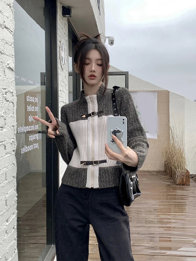 Patchwork Knit Cardigan – Casual Streetwear V-Neck Top