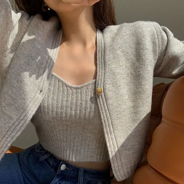 Slim Knit Camisole Cardigan Set – V-Neck 2-Piece