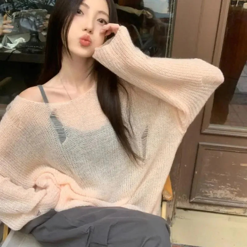 Hollow-Out Loose Knit Sweater – Off-Shoulder
