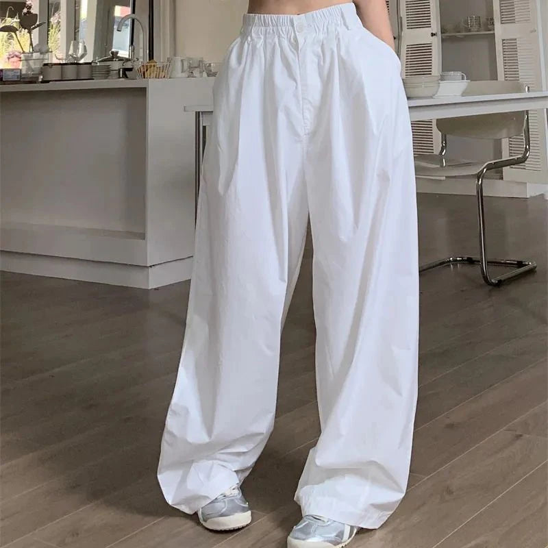 White Oversized Pants – Elastic High Waist Loose Jogging Trousers
