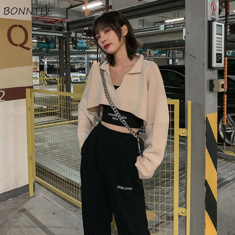Cropped Knit Jacket – Loose Fit Retro Streetwear