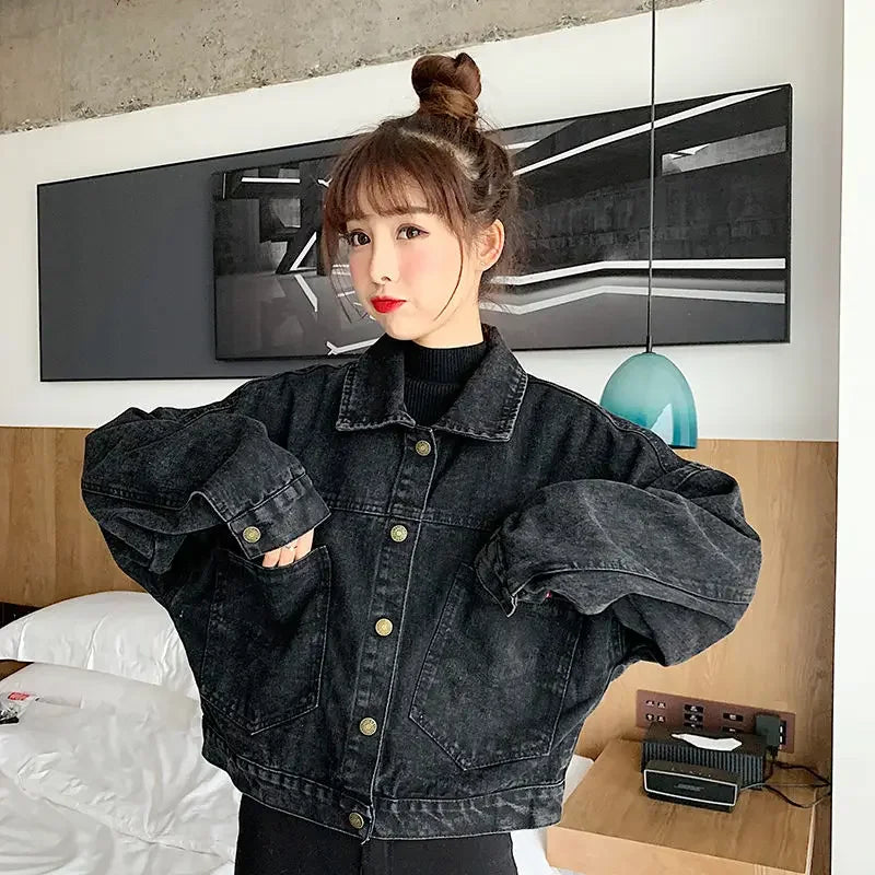 Short Black Denim Jacket – Retro Washed Look