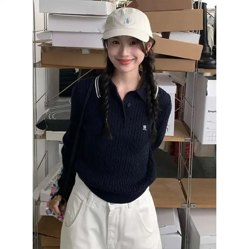 Embroidery Polo Sweater – Preppy Style Knit Pullover