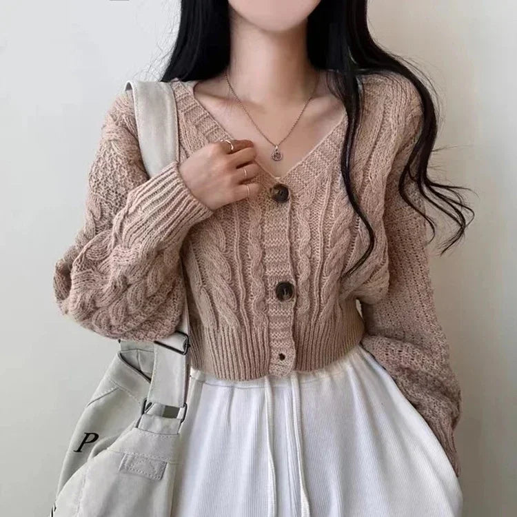 Lantern Sleeve Sweater Cardigan – Cropped Knit Top