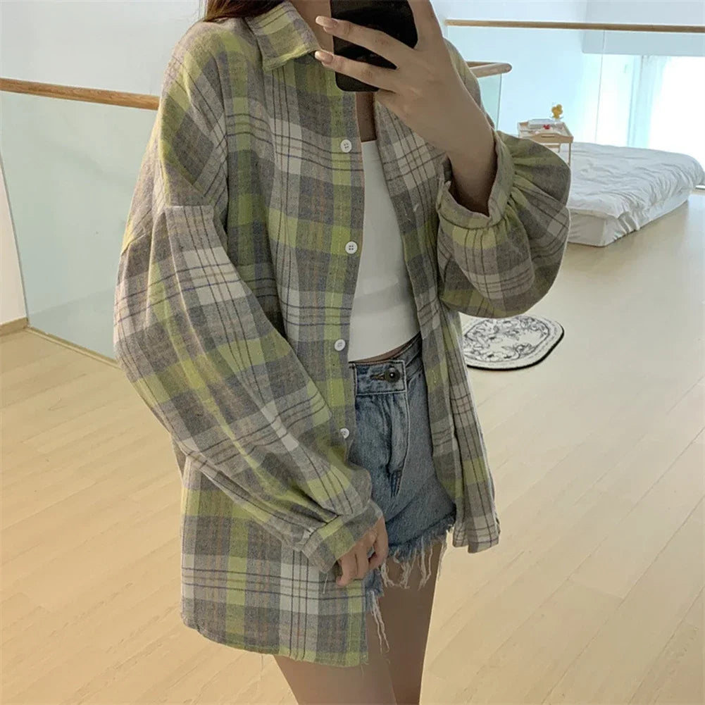 Vintage Plaid Check Shirt – Single Breasted Loose Fit