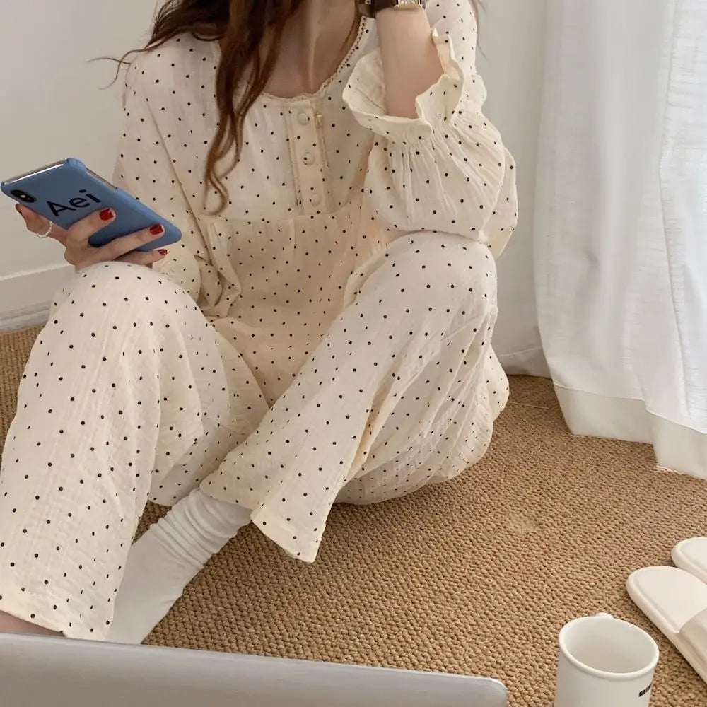Polka Dot Long Sleeve Pajama Set – Two-Piece Nightwear