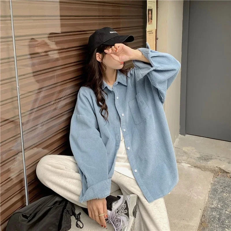 Corduroy Button-Up Long Sleeve Jacket – Loose Fit