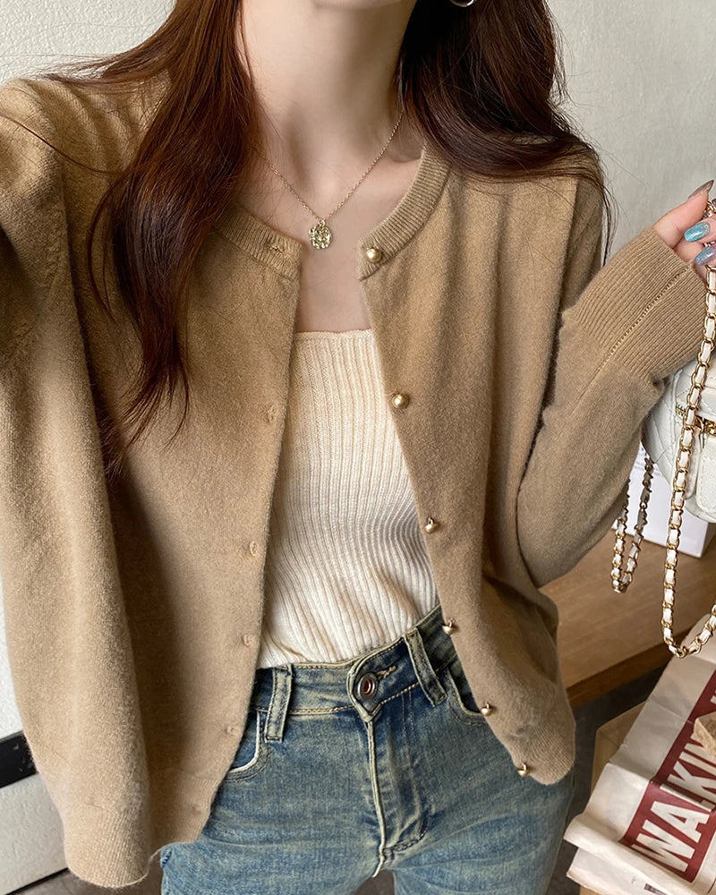 Black Pearl Button Knit Cardigan – Elegant & Chic