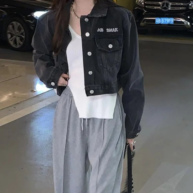Black Denim Crop Jacket – Button-Down Street Casual