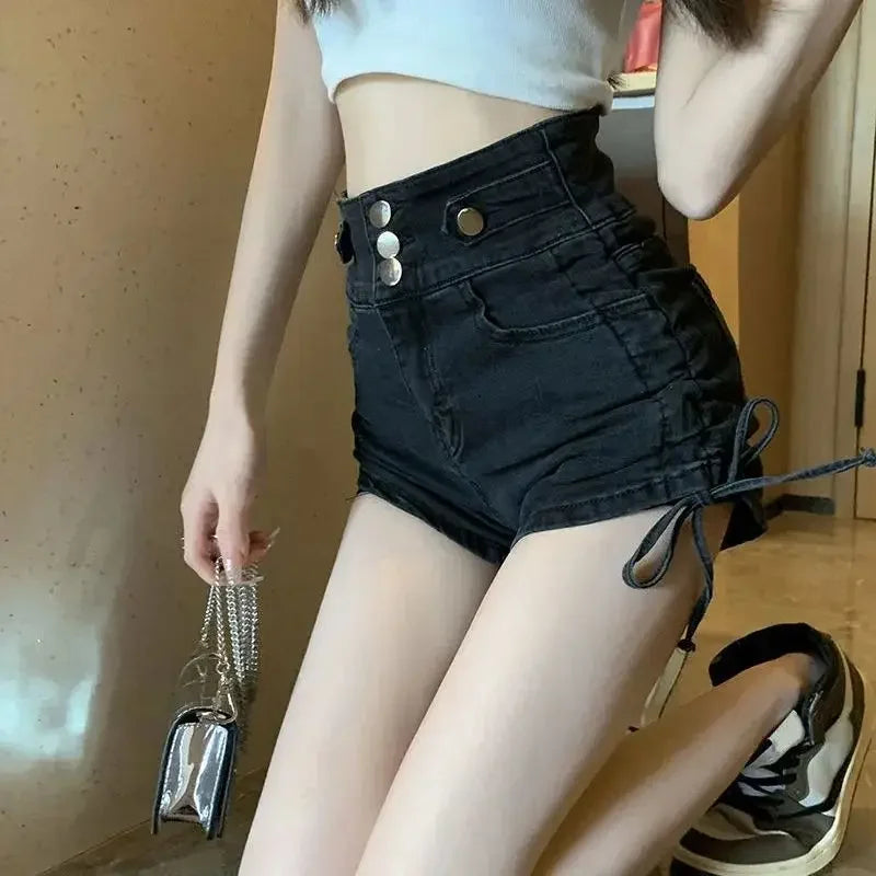 Black Drawstring Mini Shorts – High-Waist Sexy Denim