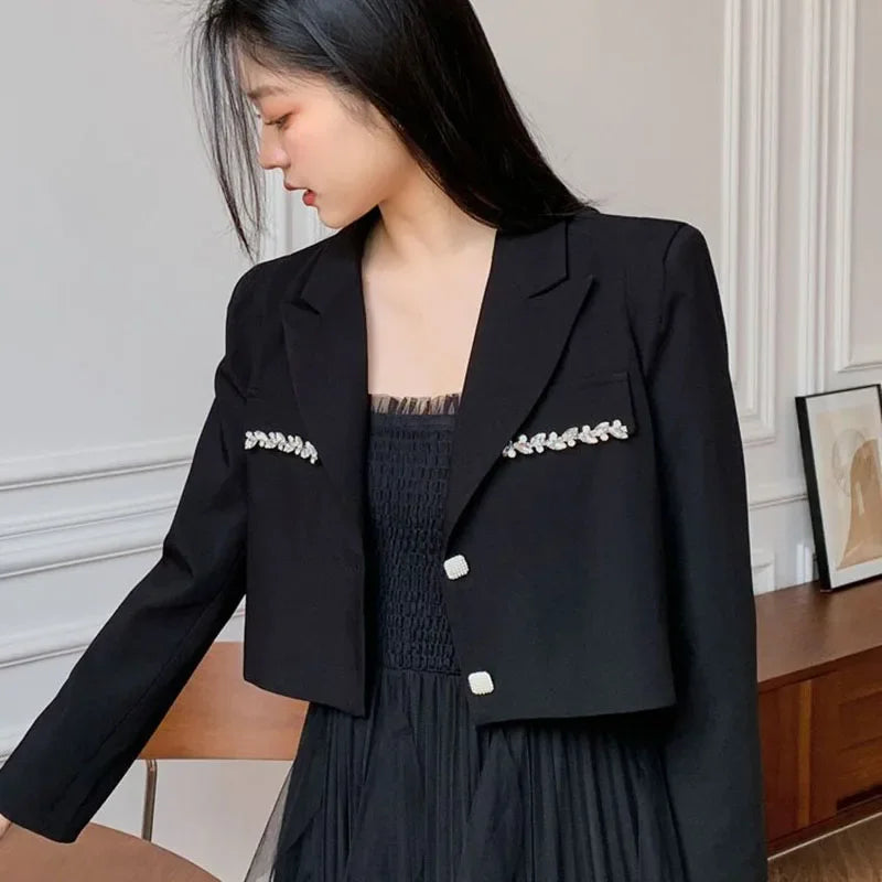 Crystal Decor Wool Blazer – Notched Collar