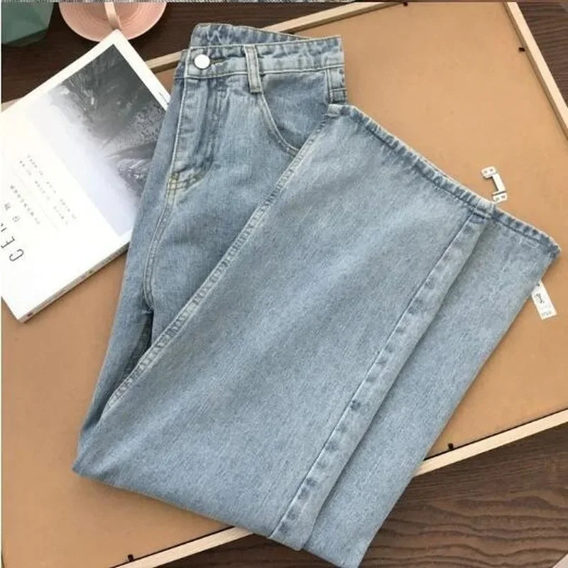 Light Blue Denim Trousers – Vintage Wide Leg Straight Long Pants with Belt