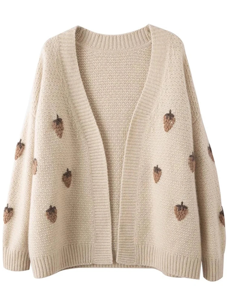 Strawberry V-Neck Knit Cardigan – Soft Embroidery Casual Outerwear