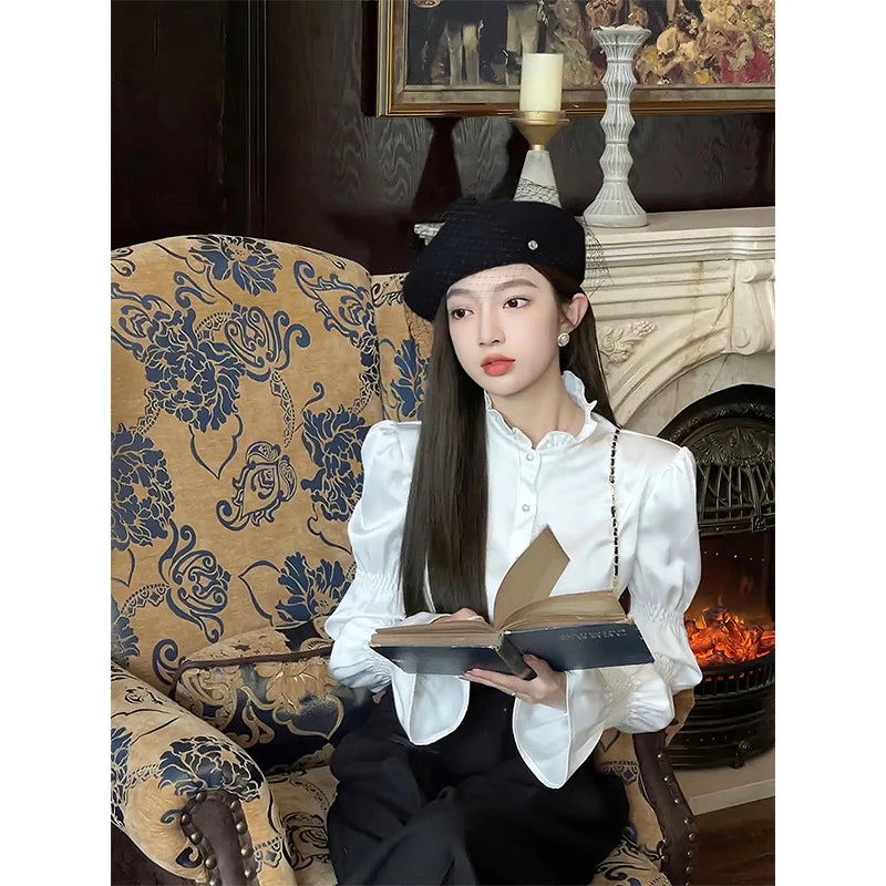 White Long Sleeve Blouse – Stand Collar Office Wear