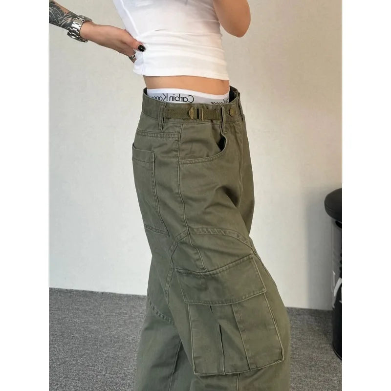 Green Vintage Cargo Pants – Multiple Pockets Baggy Hip Hop Style