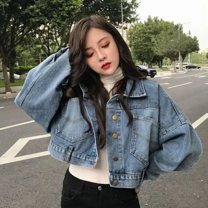Cropped Denim Jacket – Back Split Bomber with Lapel and Buttons