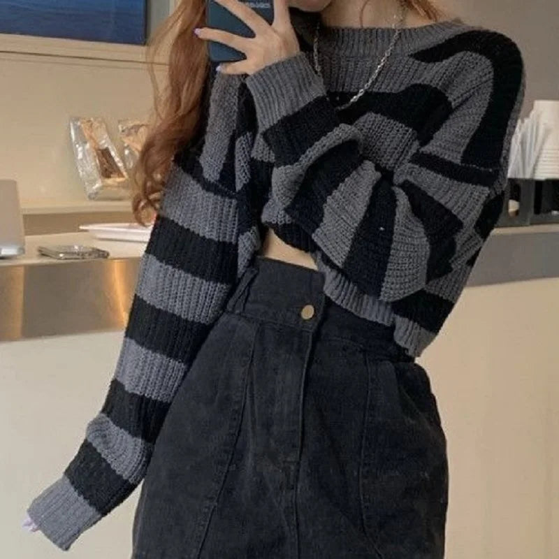 Striped Cropped Sweater – Oversize Knit Pullover
