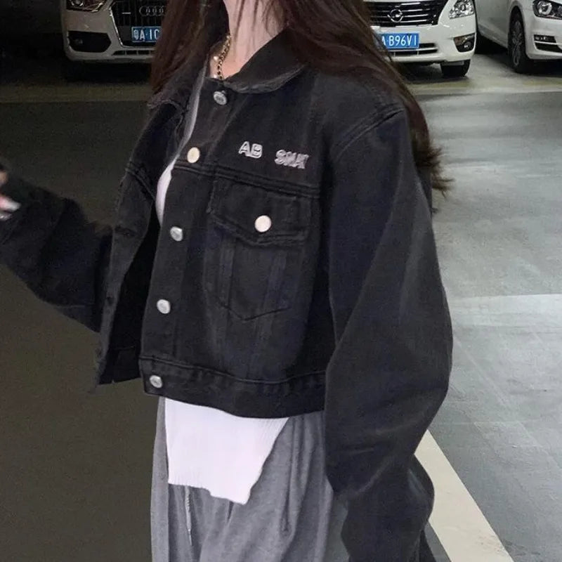 Black Denim Crop Jacket – Button-Down Street Casual