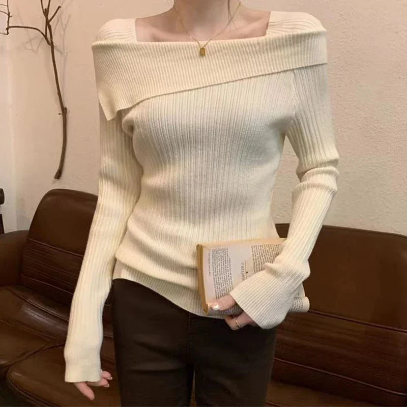 Slim Off-Shoulder Slash Neck Knit Sweater – Long Sleeve