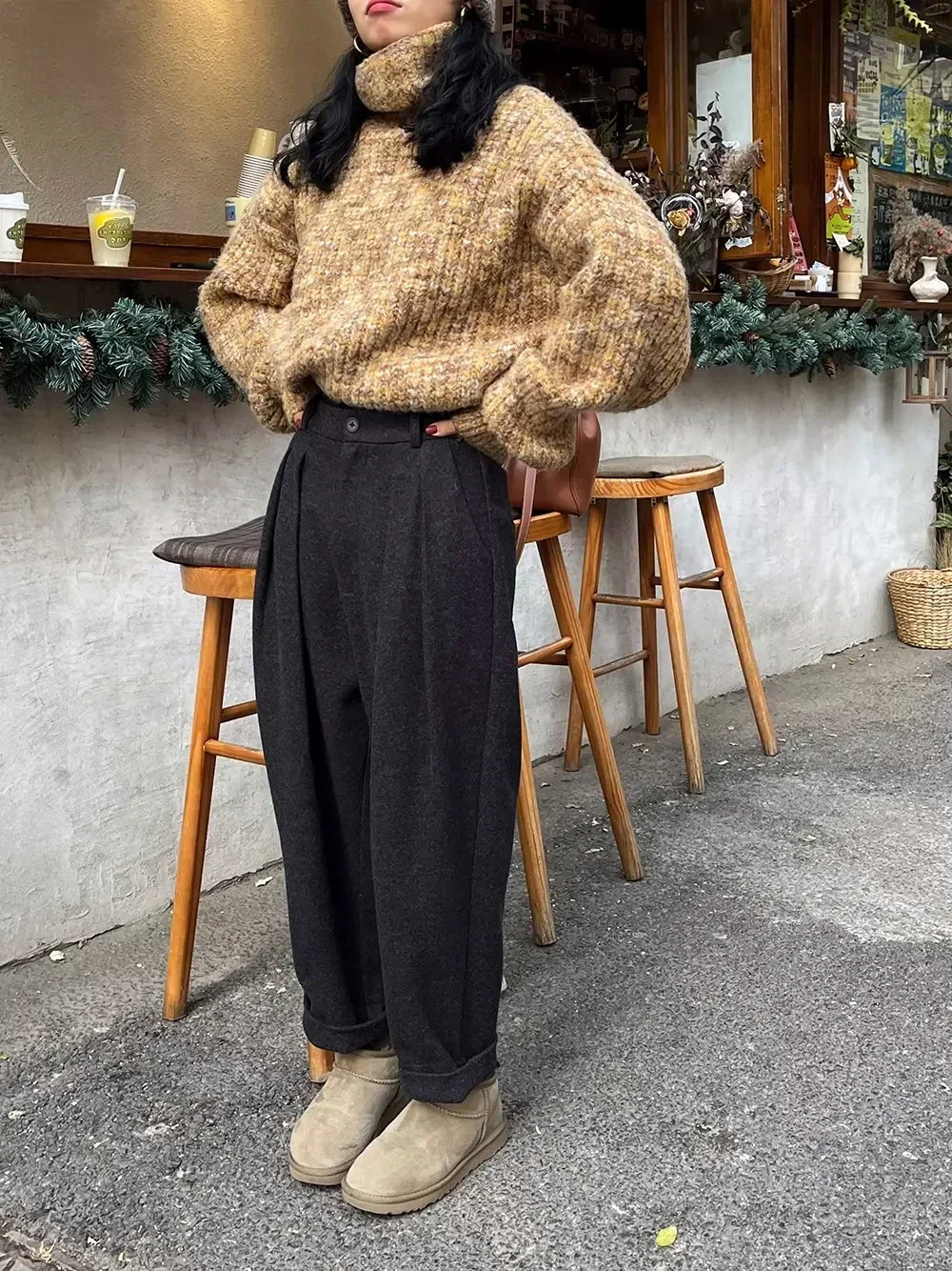 Casual Wool Pants – Loose Pockets, Winter High Waist Harem Trousers