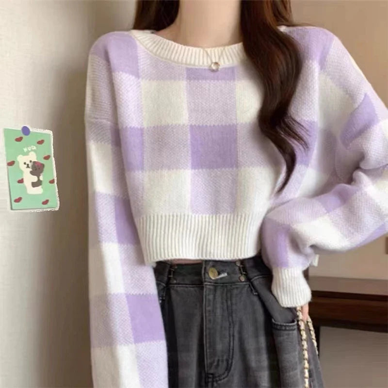 Gentle Knit Pullover – Plaid Contrast