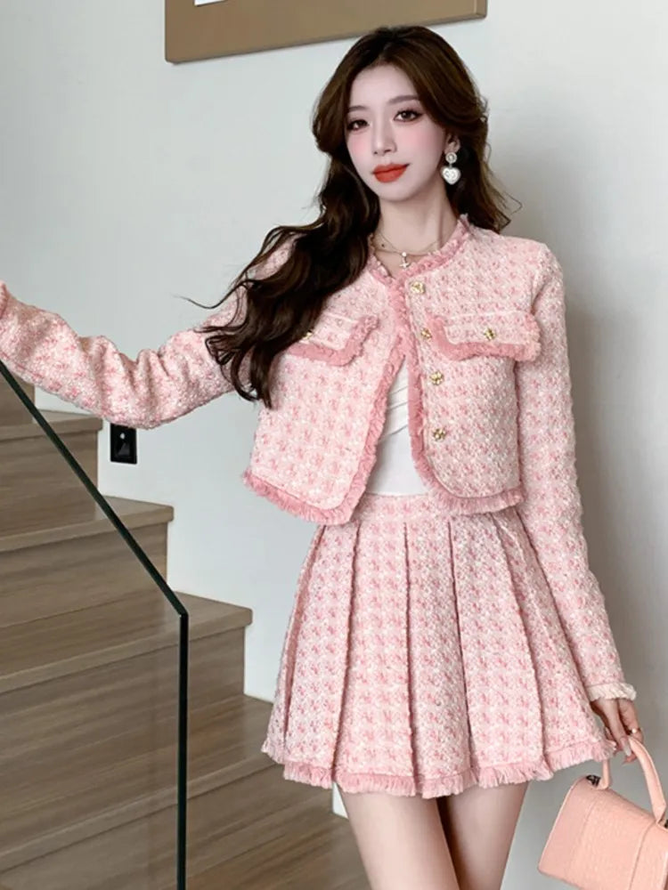 Tweed Jacket Mini Skirt Set – Autumn Winter Tassel Detail