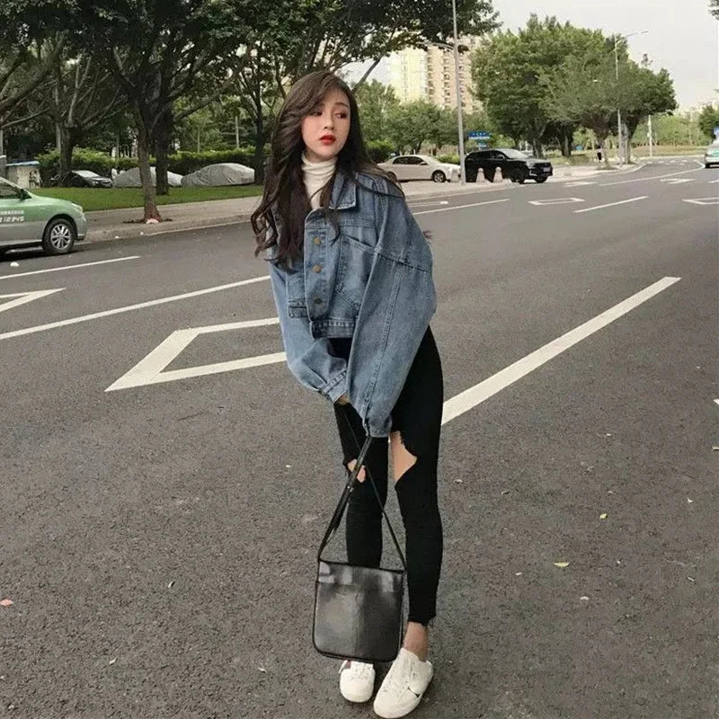 Cropped Denim Jacket – Back Split Bomber with Lapel and Buttons