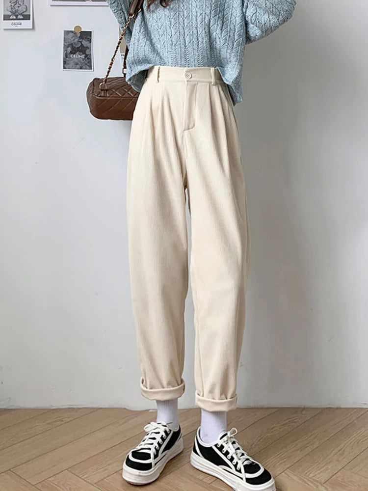 Elegant Retro Corduroy Pants – Simple Loose Straight Wide Leg