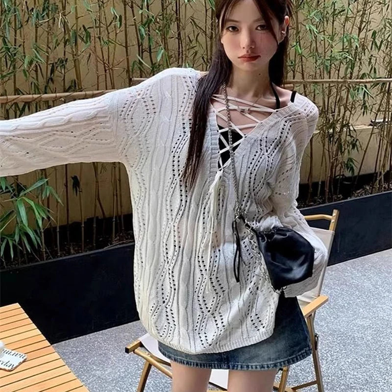 Summer Oversized Pullover – Long Sleeve Thin Knit Top