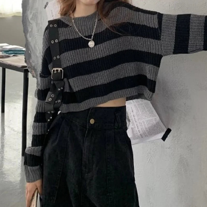 Striped Cropped Sweater – Oversize Knit Pullover