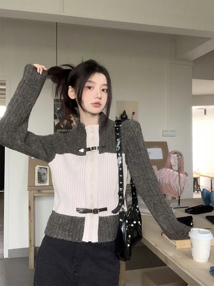 Patchwork Knit Cardigan – Casual Streetwear V-Neck Top