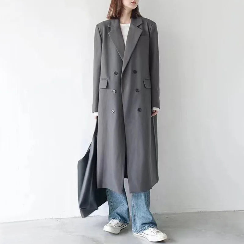 Elegant Long Blazer – Office Double-Breasted Fit
