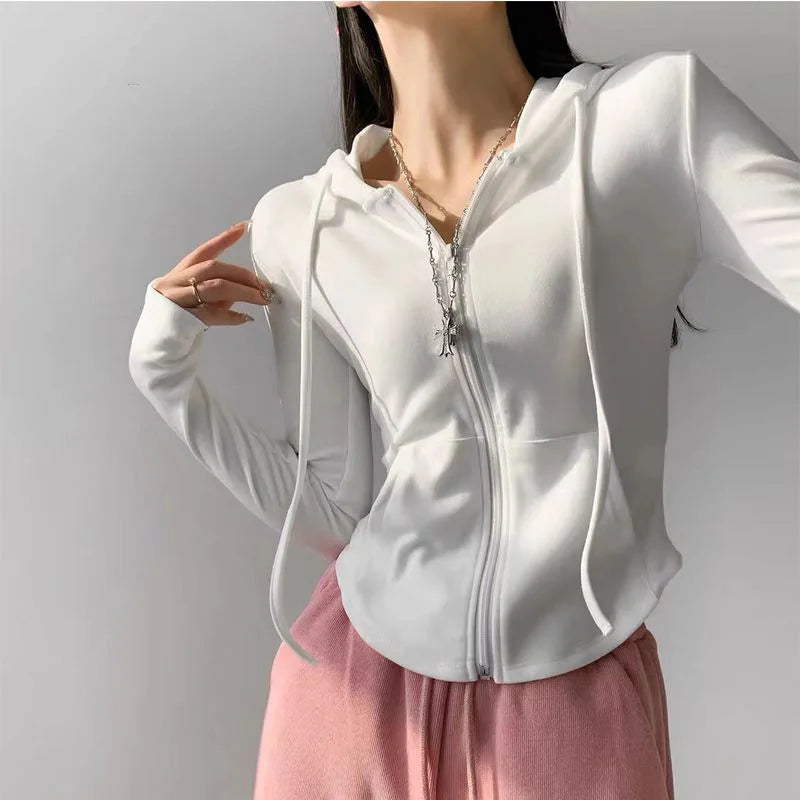 Zip-Up Hooded Knit Cardigan – Short Slim Fit for Fall
