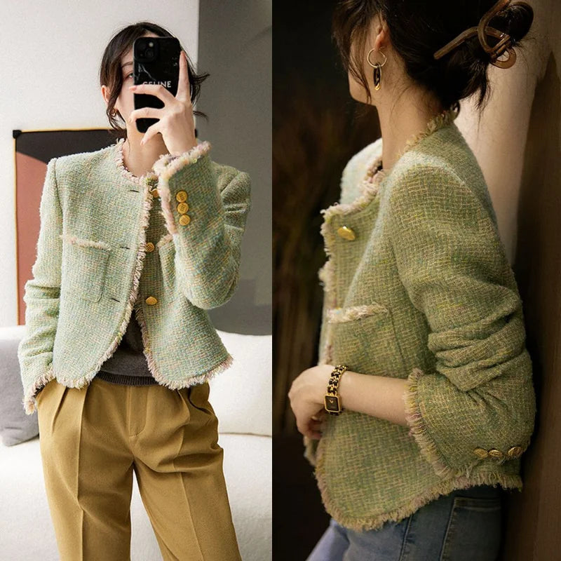 Tweed Green Short Jacket – Chic & Elegant Winter Coat
