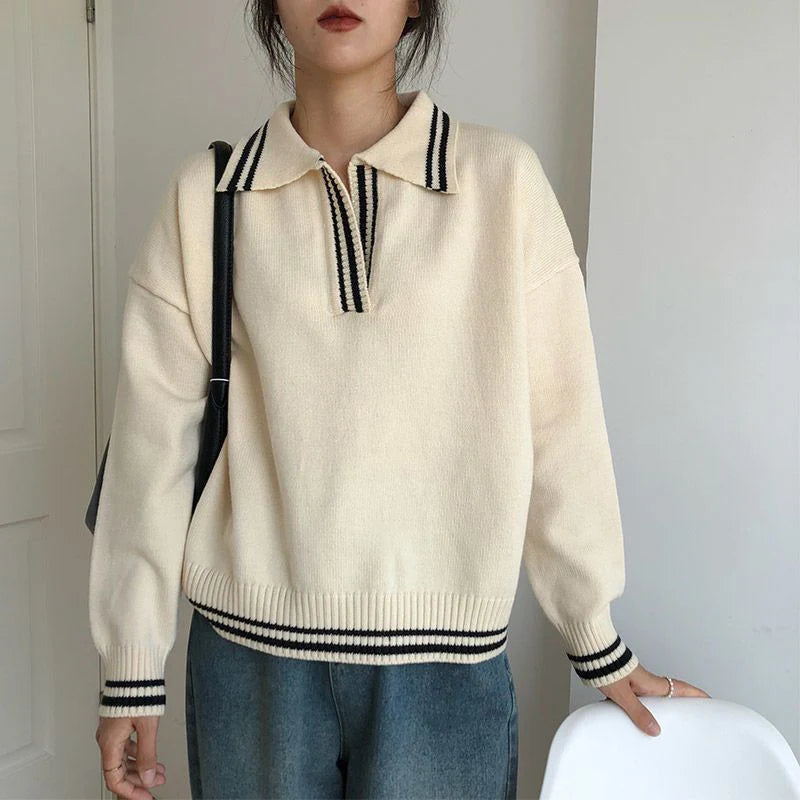 College-Style V-Neck Knit Sweater