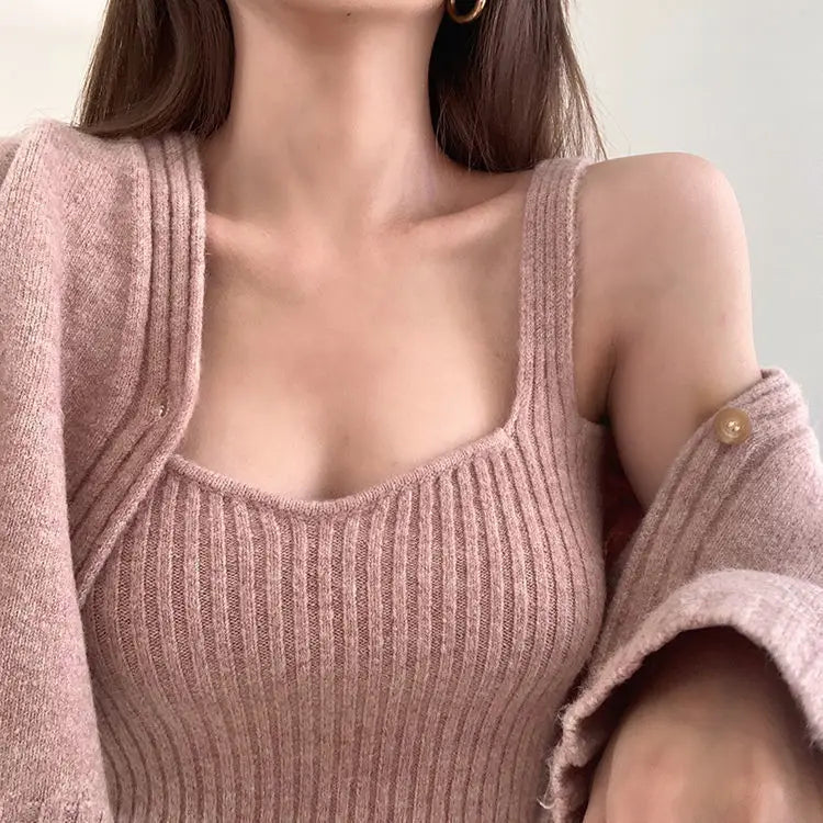 Slim Knit Camisole Cardigan Set – V-Neck 2-Piece