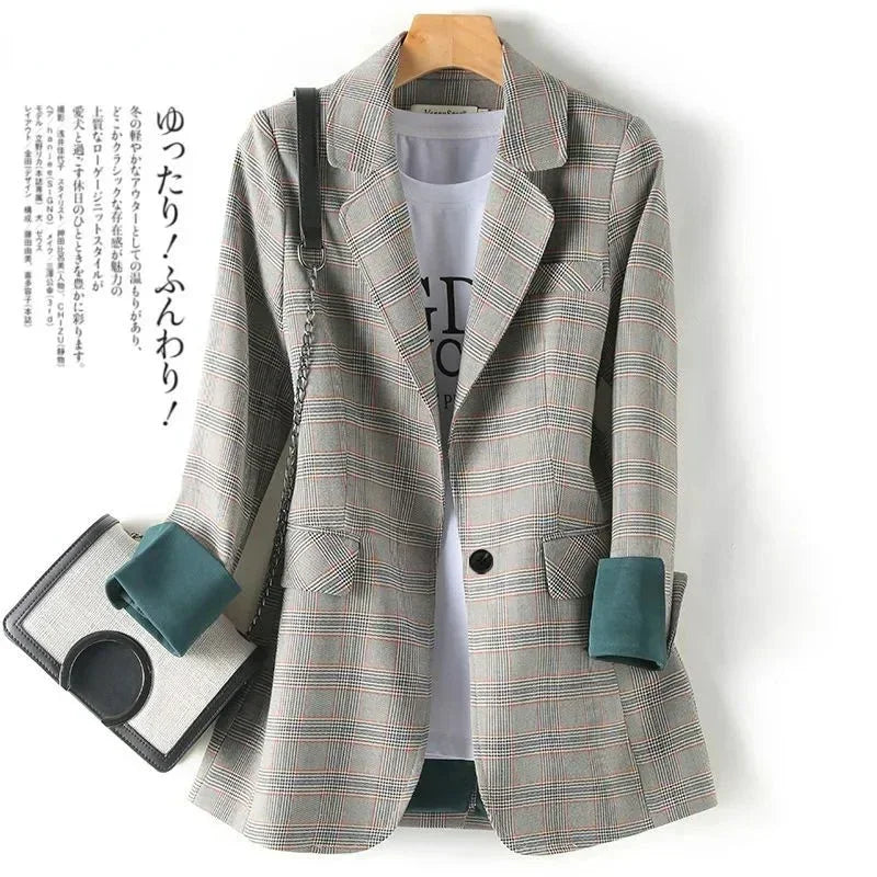 Vintage Plaid Suit – Single-Breasted Long Blazer