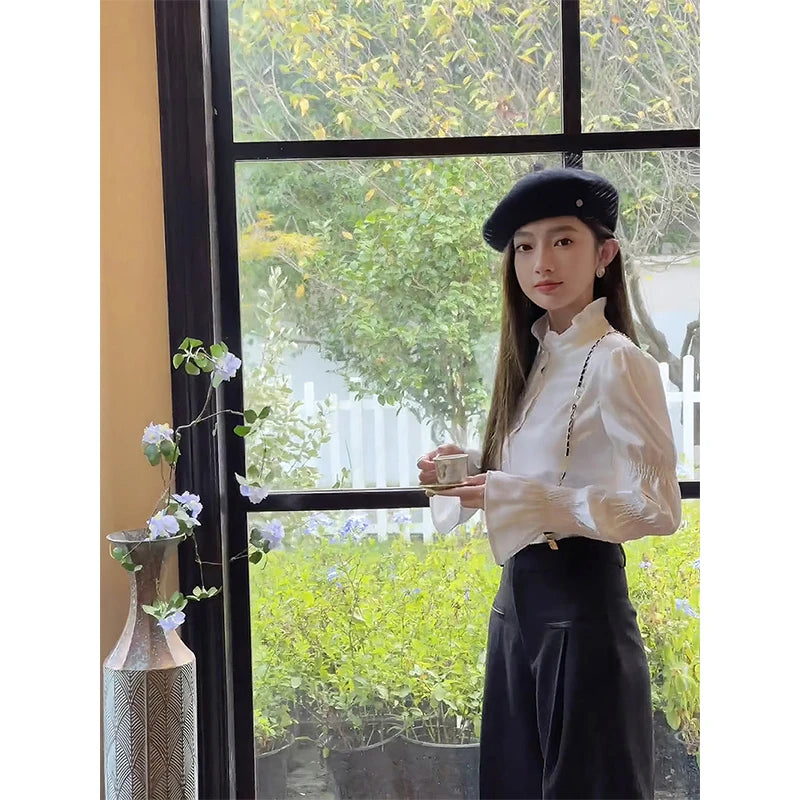 White Long Sleeve Blouse – Stand Collar Office Wear