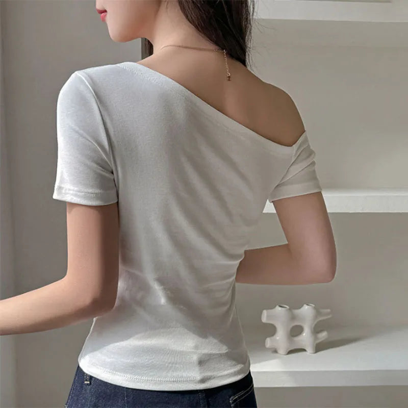One-Shoulder Short Sleeve Tee – Black & White Contrast