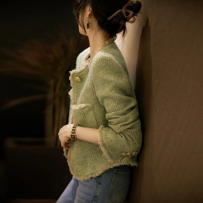Tweed Green Short Jacket – Chic & Elegant Winter Coat