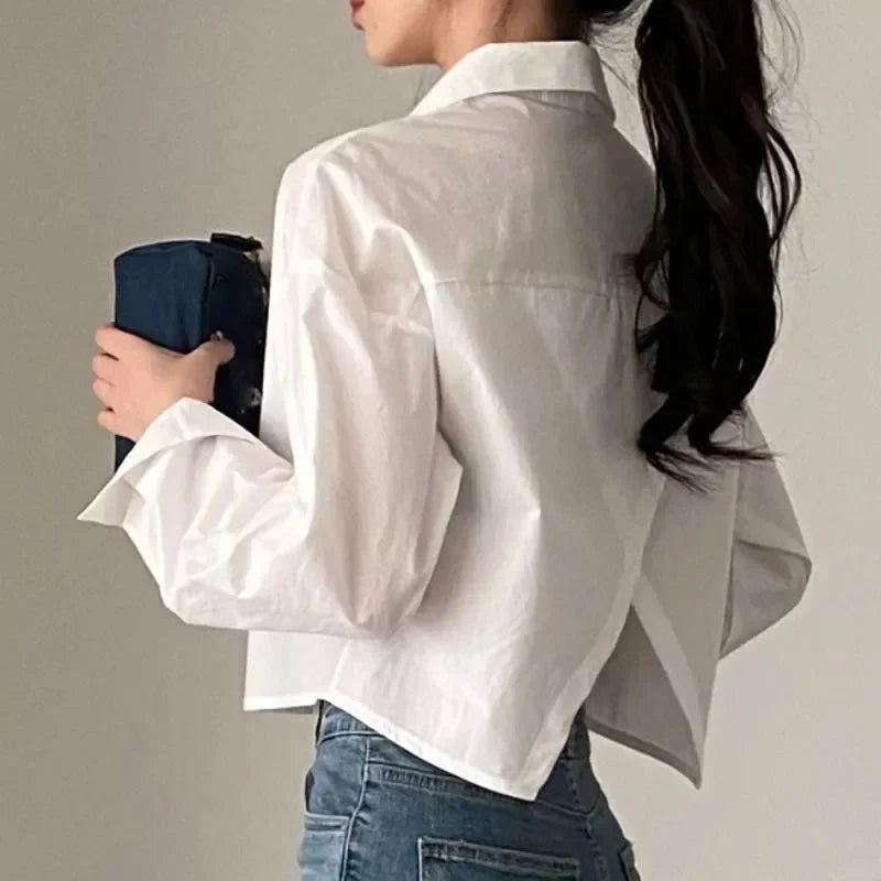 Long Sleeve White Shirt – Button Back Split Crop Design
