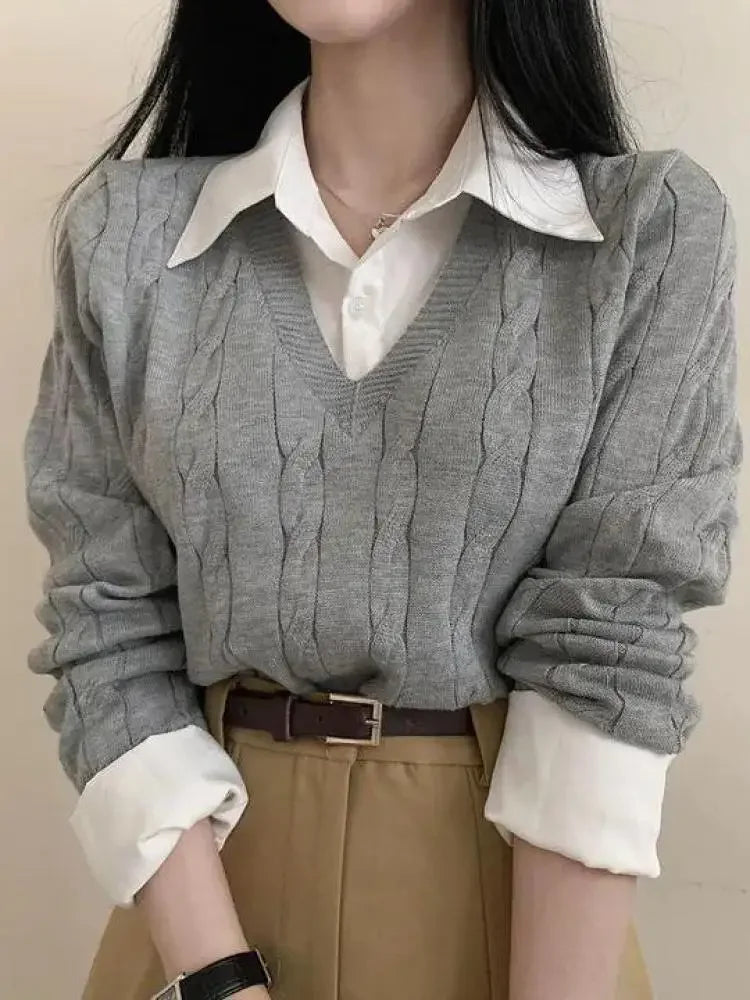 V-Neck Knit Pullover – Loose Two-Piece Style