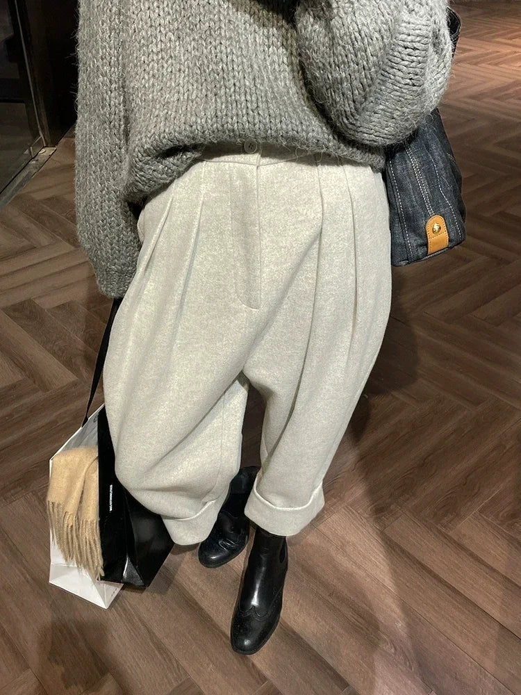 Casual Wool Pants – Loose Pockets, Winter High Waist Harem Trousers