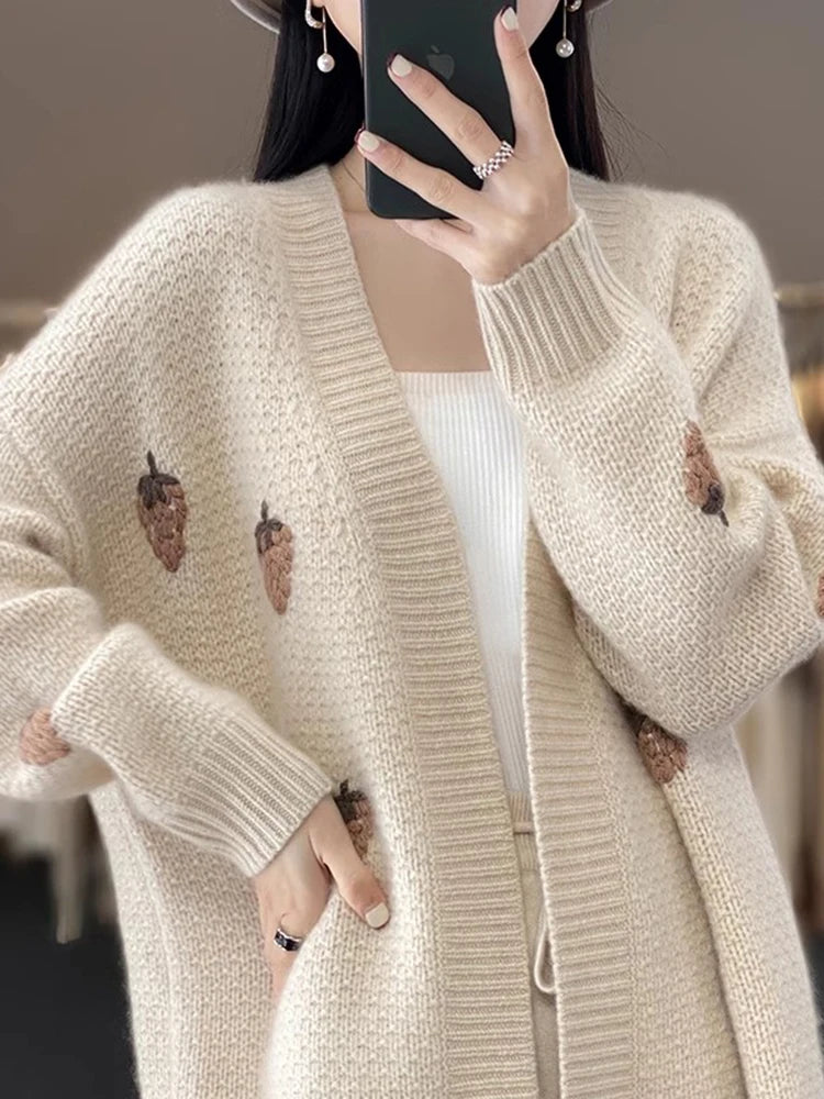 Strawberry V-Neck Knit Cardigan – Soft Embroidery Casual Outerwear