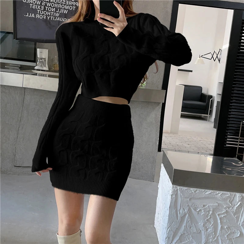Knitted Two-Piece Set – O Neck Sweater Crop Top + Mini Skirt