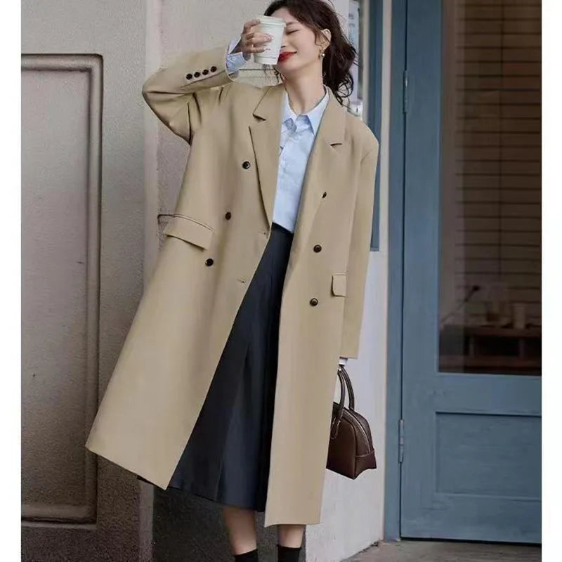 Elegant Long Blazer – Office Double-Breasted Fit