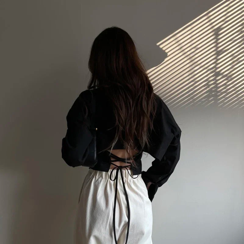 Long Sleeve Strapless Backless Blouse – Lace-Up Front