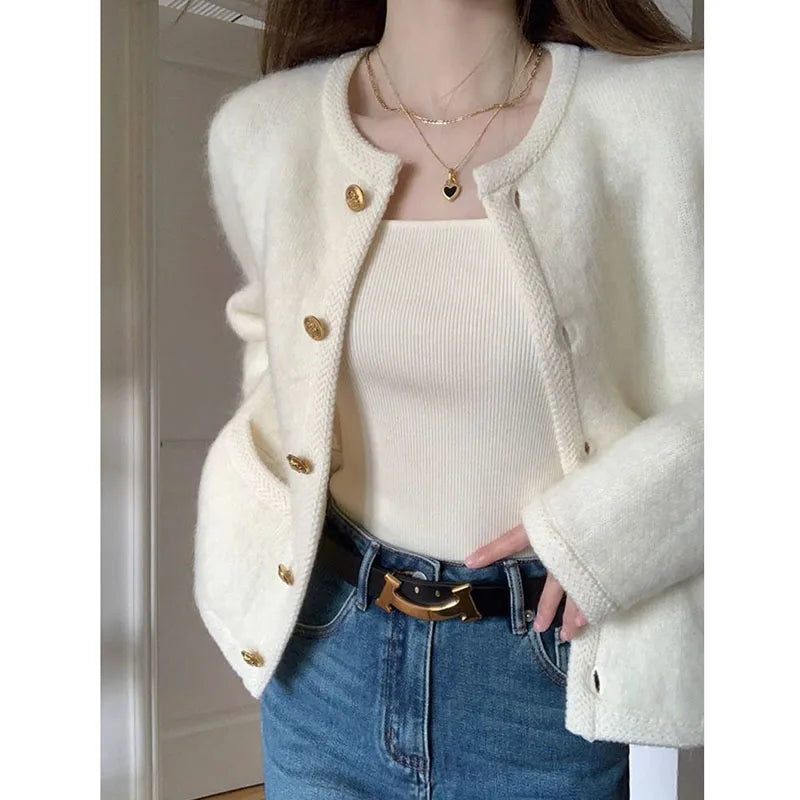 White Knit Coat – Single-Breasted Round Collar Jacket